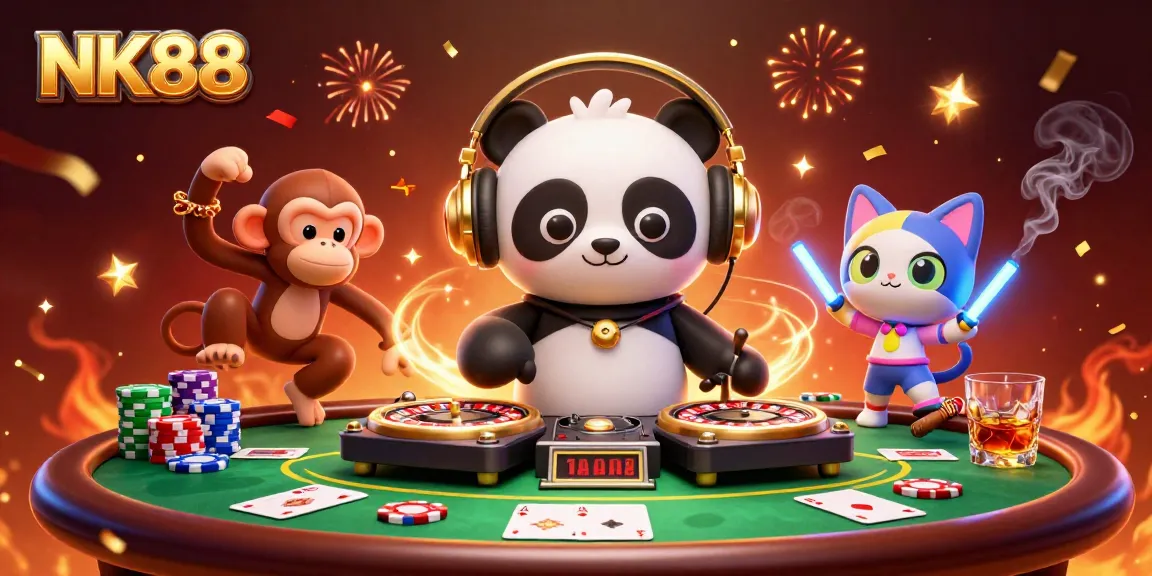 Win big with NK88 at a lively casino party featuring a DJ panda, dancing monkey, and rave kitten.