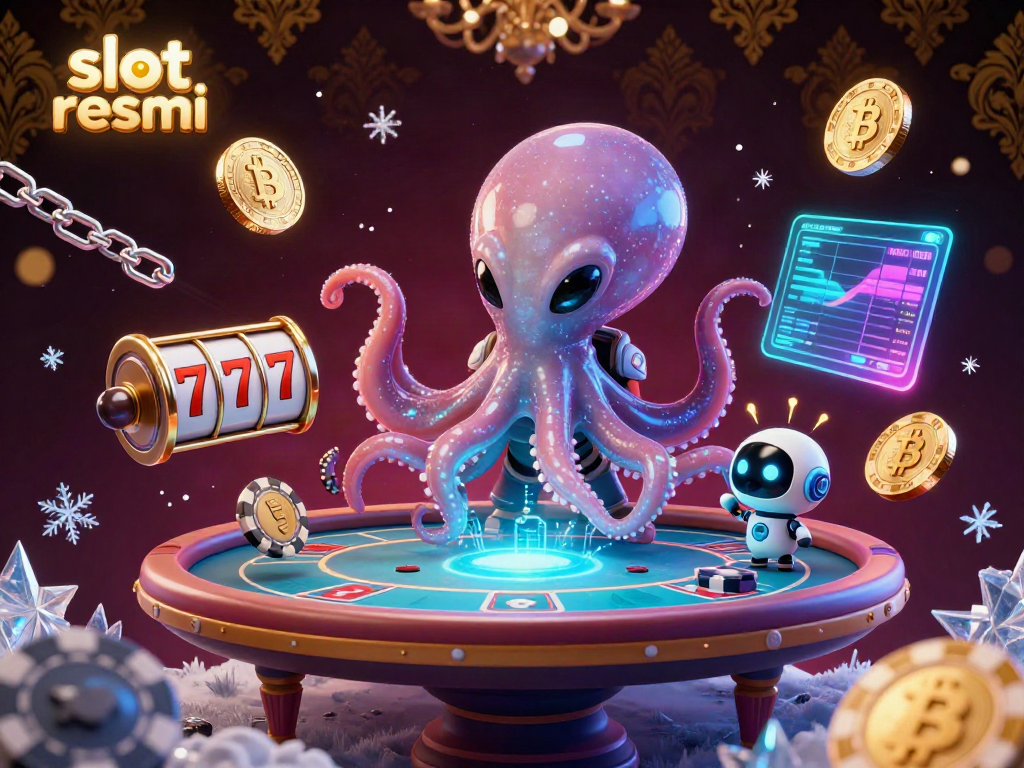 Engage in slot resmi games with a cosmic alien octopus at a holographic poker table, adorned with neon crypto coins and galactic treasures.