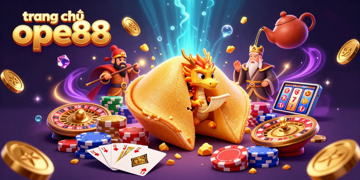 Experience excitement at trang chủ ope88, featuring a golden fortune cookie with a dragon and coins in a rich casino scene.