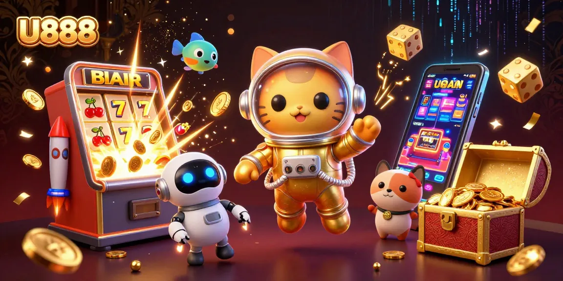 Experience thrilling wins at U888 with a festive 3D illustration showcasing vibrant casino action.