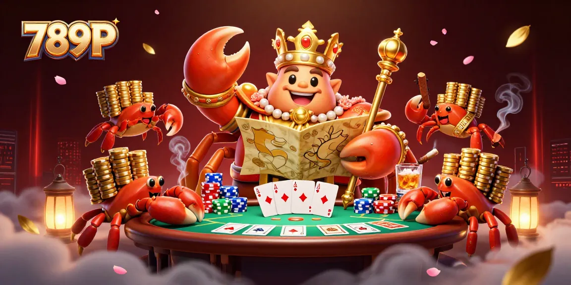 789P's golden crab emperor commands a vibrant casino scene full of poker elements and lavish treasures.