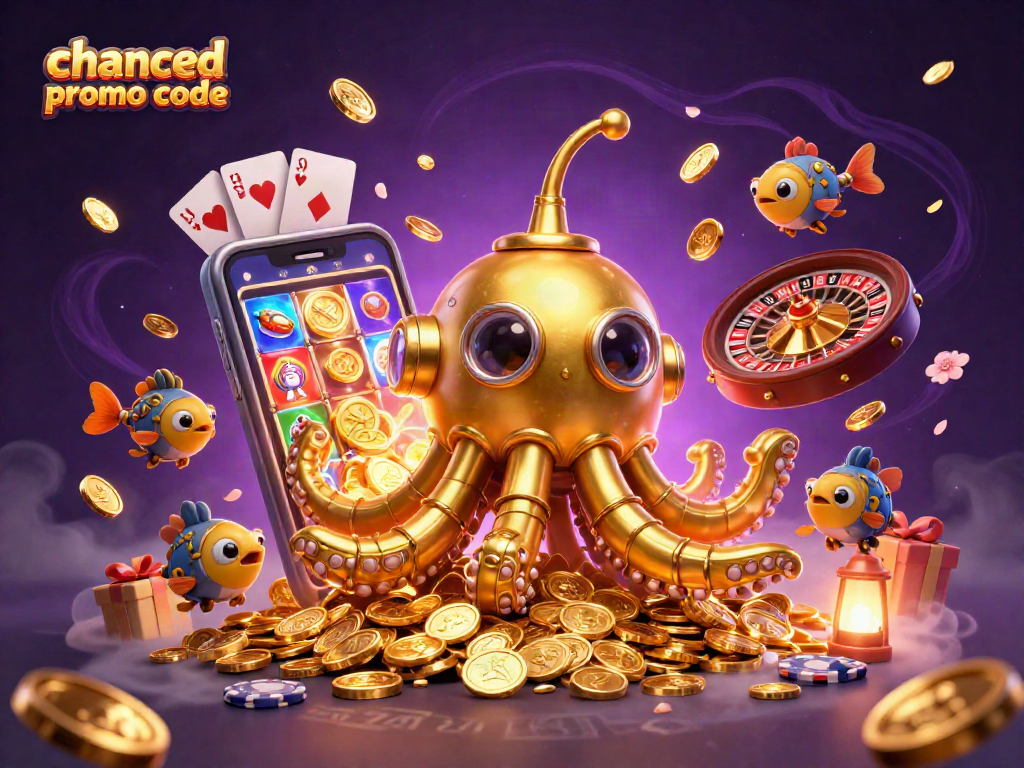 Spin wins using the chanced promo code for golden treasures in a vibrant casino scene.