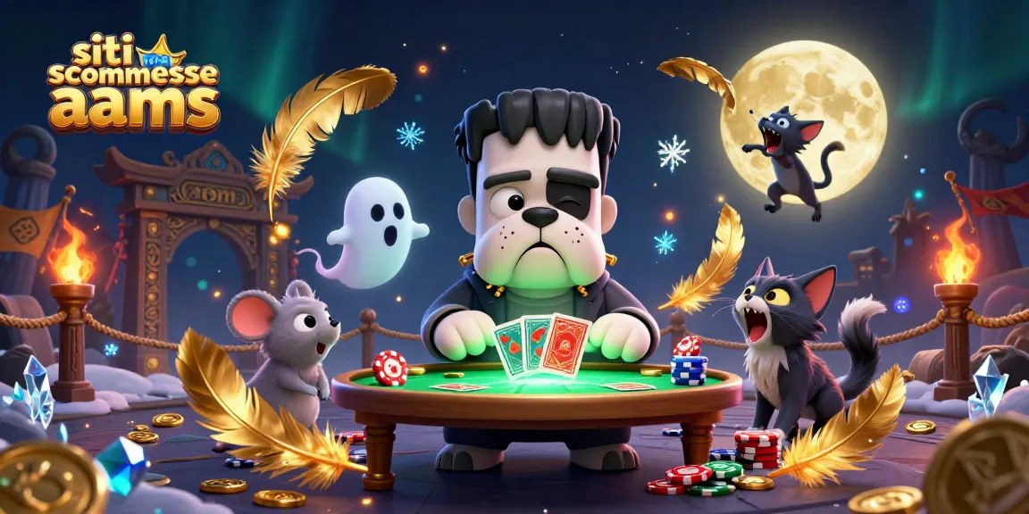 Scommetti sui migliori siti scommesse non aams con un bulldog Frankenstein che distribuisce carte in un casinò spettrale.
