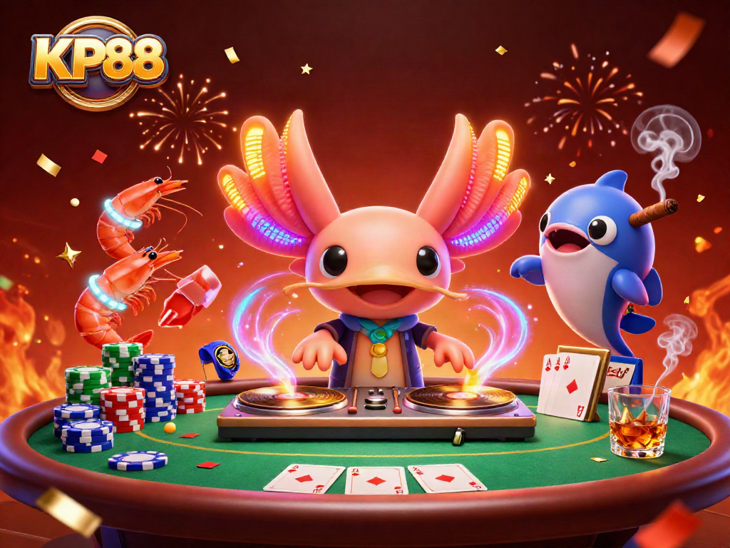 Experience KP88’s vibrant casino scene with cartoon axolotl DJ and poker elements.