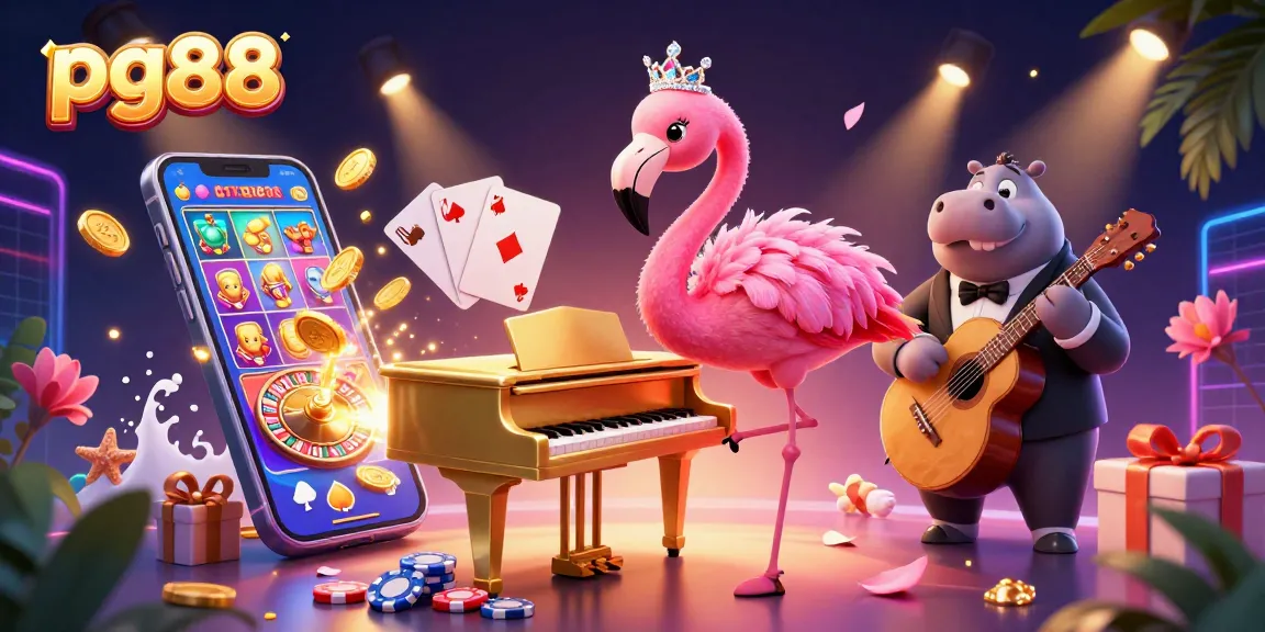Engage with pg88's vibrant casino experience featuring flamingos, hippos, and dynamic gaming elements.