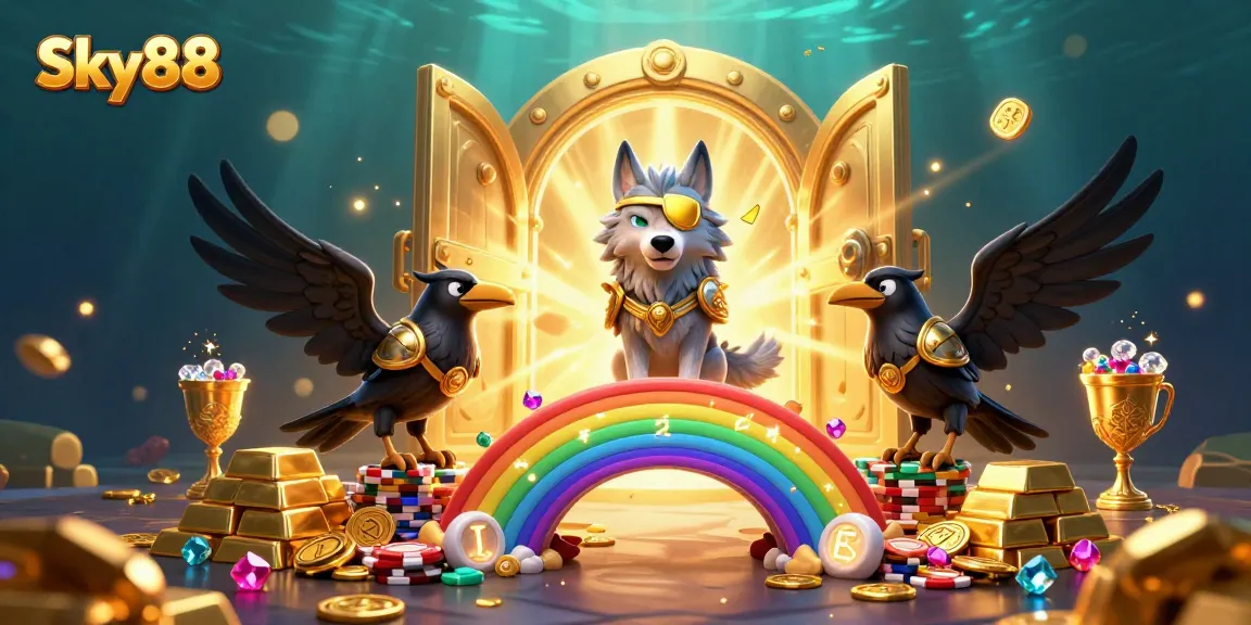 Spin with Sky88's thrilling casino world, featuring Norse mythology characters amidst shimmering treasures.