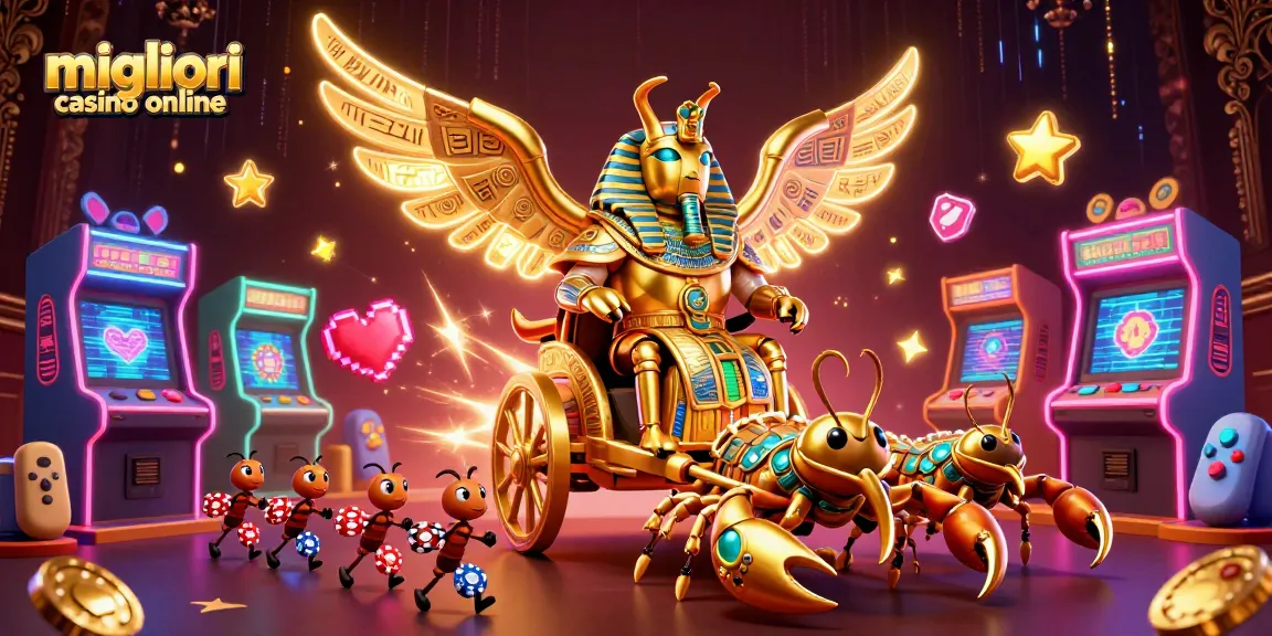 Scopri i migliori casino online con un affascinante scarabeo dorato, macchine da gioco e effetti luminosi.