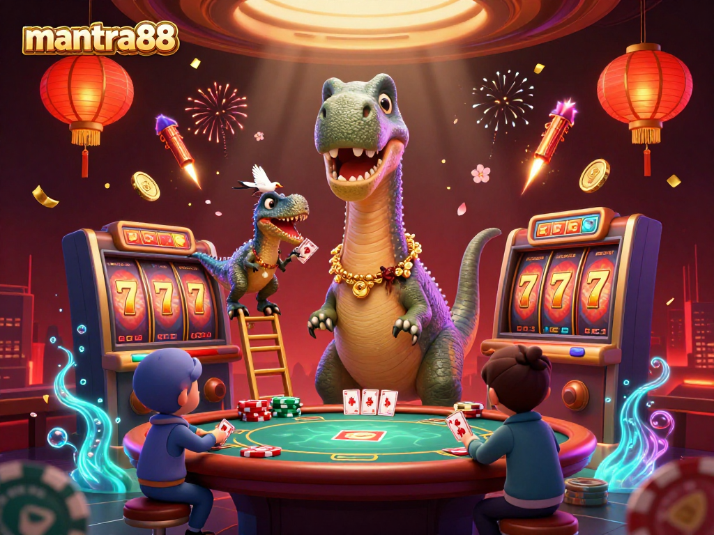 Experience the excitement of mantra88 with a vibrant casino scene featuring a brontosaurus and raptor card dealer.