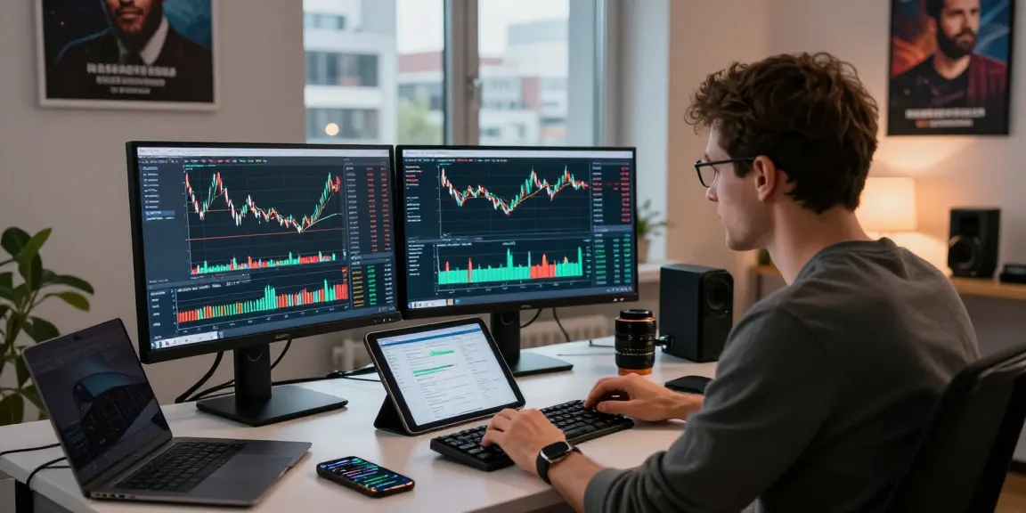 Automatisch traden in een high-tech thuiskantoor met live crypto-marktanalyse.