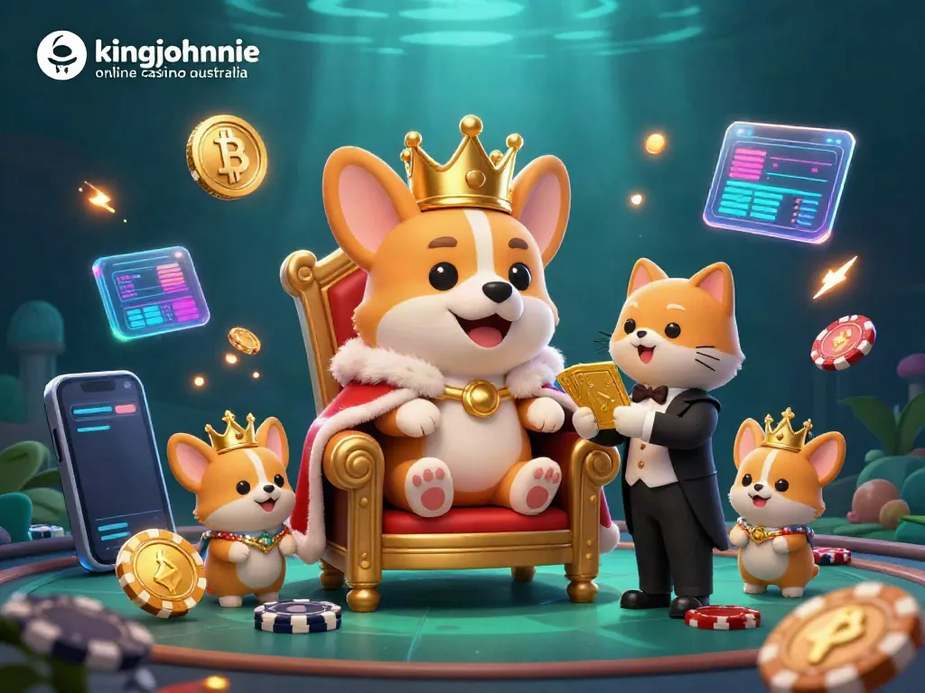 Join the fun at kingjohnnie online casino australia with a royal corgi surrounded by crypto coins and vibrant casino elements.