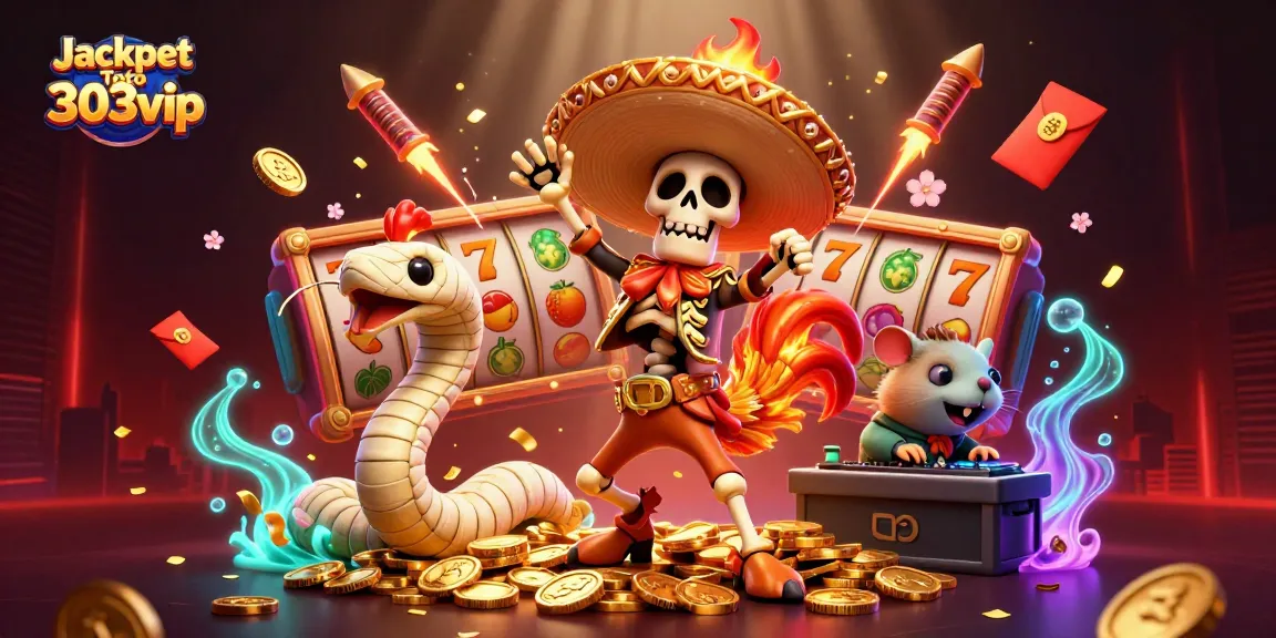Experience the excitement of Jackpot Toto 303vip with festive characters and vibrant casino elements.
