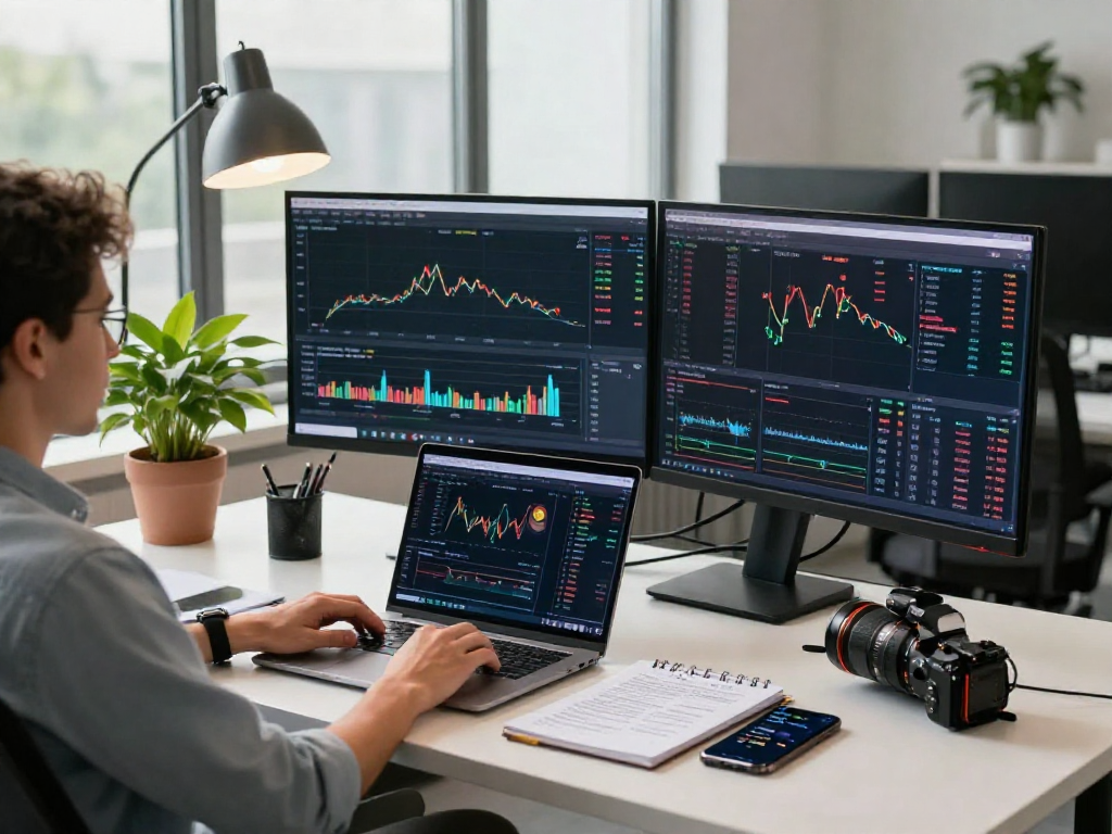 Configuración de trading en vivo en oficina moderna con Immediate Edge y gráficos financieros.