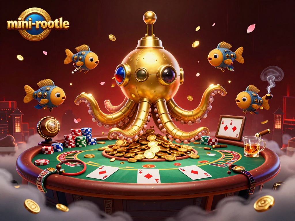 Experience mini-roulette with a dynamic scene featuring a golden kraken submarine amidst poker chips and roulette elements.