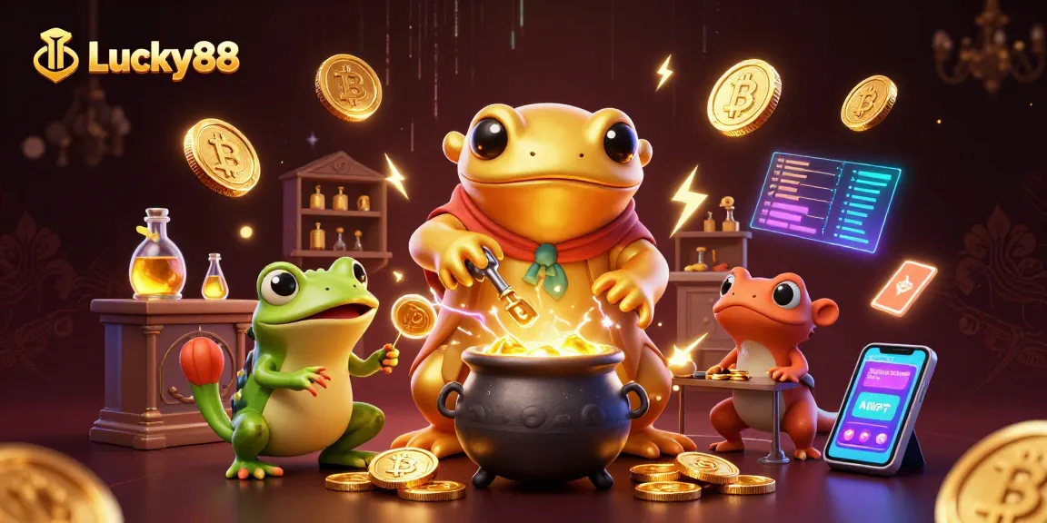 Experience Lucky88's magic with golden alchemists transmuting wealth in a vibrant casino scene.