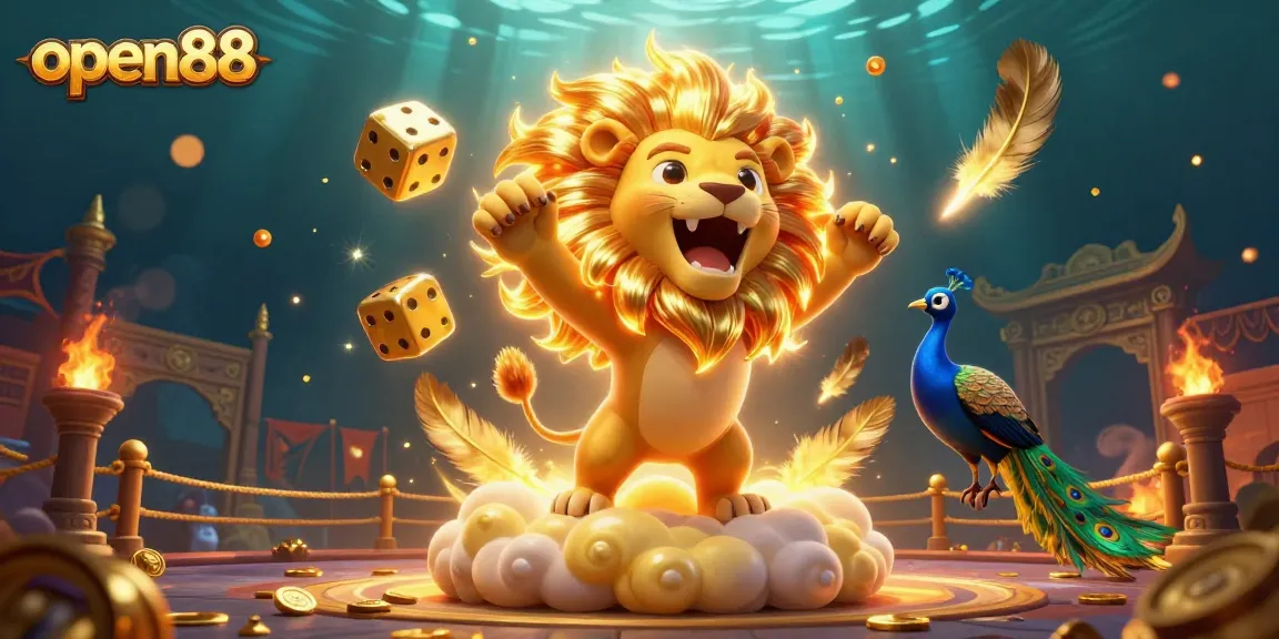 Experience open88 with an exciting scene of a majestic lion and golden dice in a vibrant casino setting.