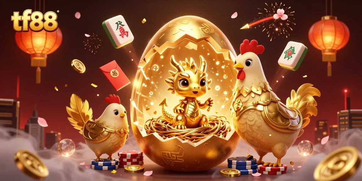 Experience excitement with tf88's vibrant gambling scene showcasing a golden dragon and poker chips.