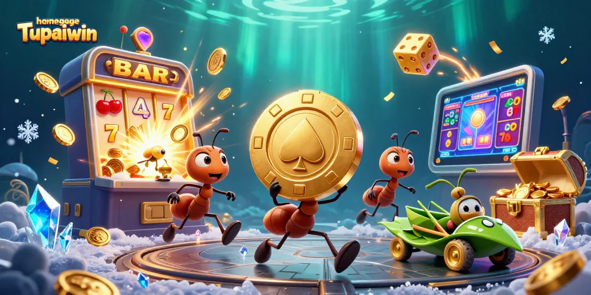 Homepage Tupaiwin menghadirkan chip poker emas raksasa dengan semut 3D dalam aksi pencurian kasino.