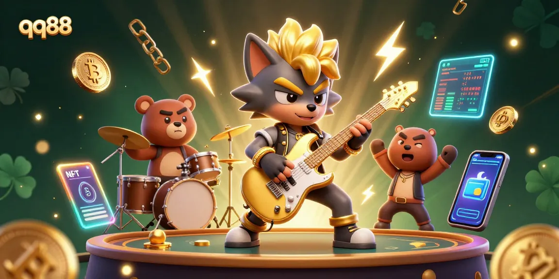 qq88 showcases a lively casino scene with a rock star wolf and a drummer bear, illuminated by cryptocurrency elements.