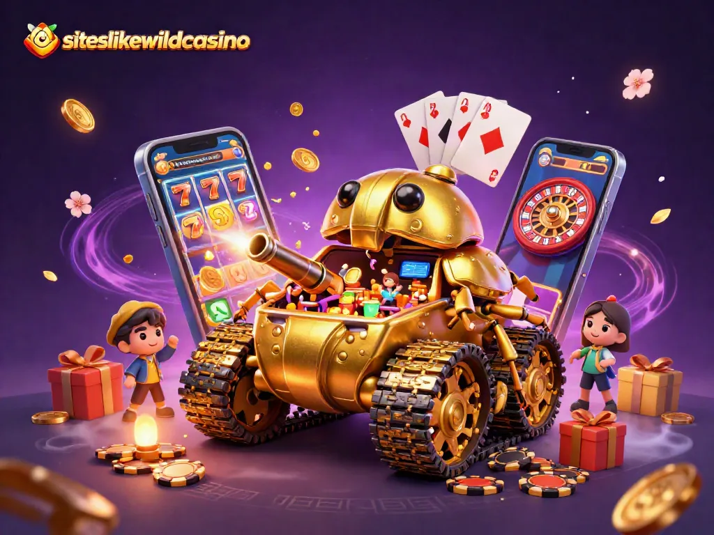 Win big at siteslikewildcasino with a vibrant 3D casino scene featuring golden beetle tank and slot games.