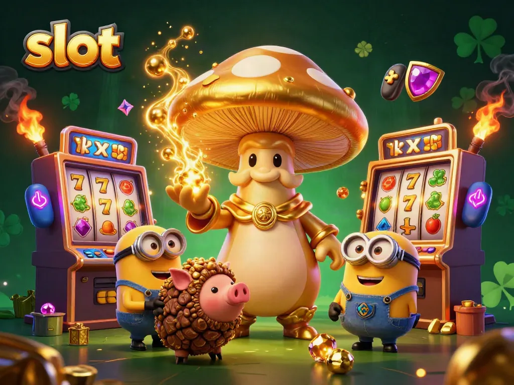 Spin lively slot machines with magical golden elements surrounded by cartoon characters.