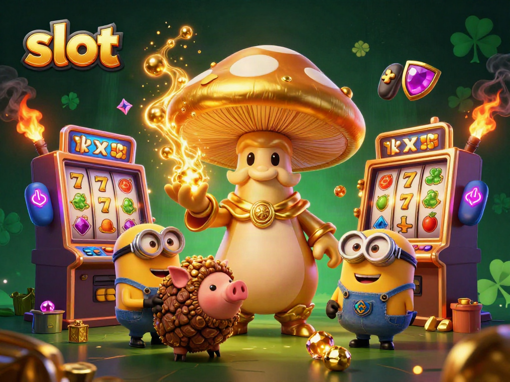 Spin lively slot machines with magical golden elements surrounded by cartoon characters.
