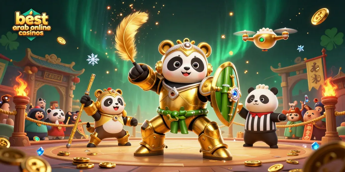 Experience the best arab online casinos with a vibrant, dynamic 3D casino illustration showcasing a golden panda in a thrilling arena.