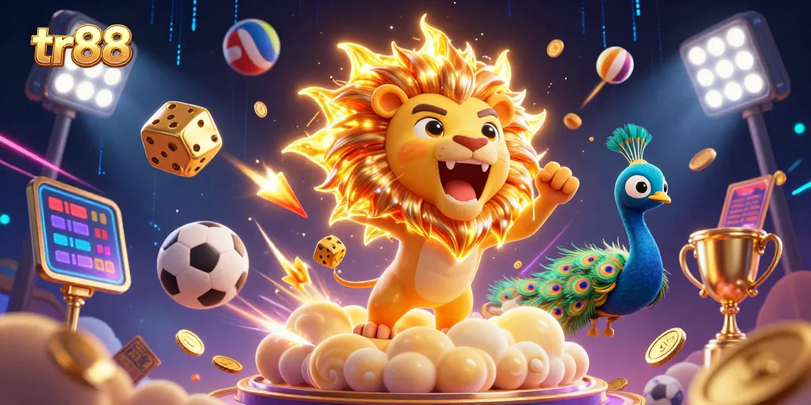 Engage in thrilling games at tr88 with a vibrant illustration showcasing a roaring sun lion and dynamic sports elements.