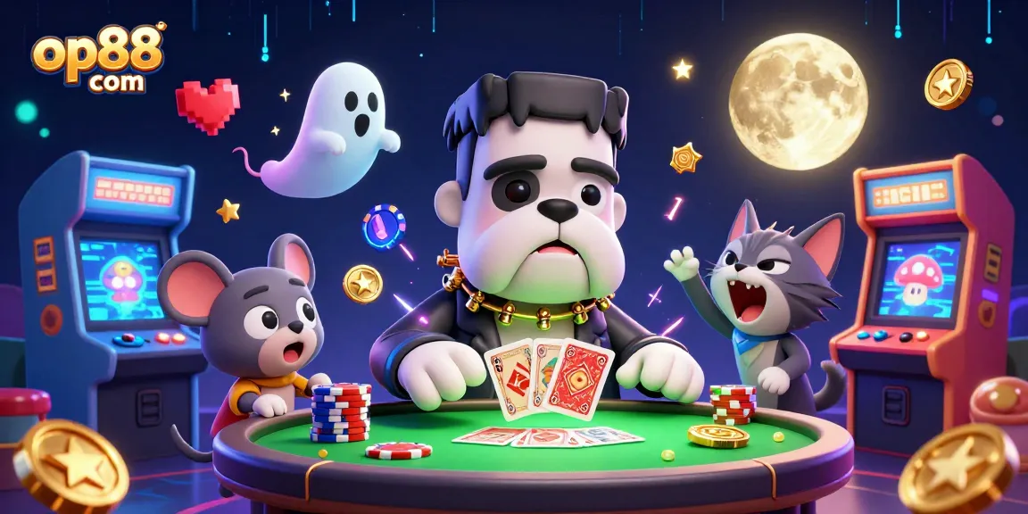 Experience thrilling gaming action at op88 com with a spooky 3D casino scene featuring unique characters and vibrant decor.