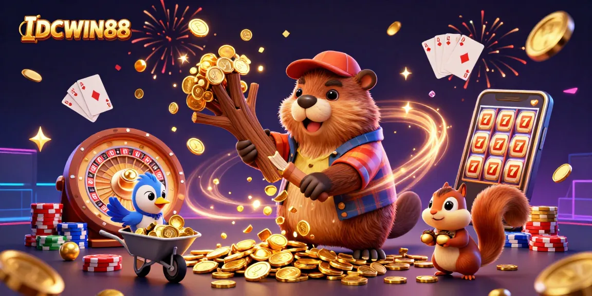 Join the excitement at IDCWIN88 as playful characters celebrate with golden coins and jackpot symbols!