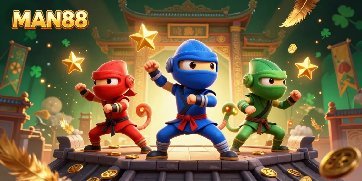 MAN88 showcases a vibrant 3D ninja chameleon team in action amidst a dynamic betting environment.