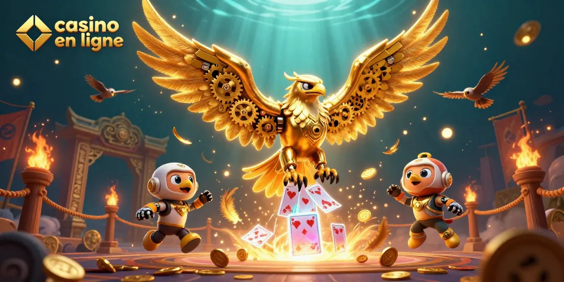 Plongez dans l'univers du casino en ligne avec un aigle cybernétique vibrant, entouré de cartes et de pièces d'or.
