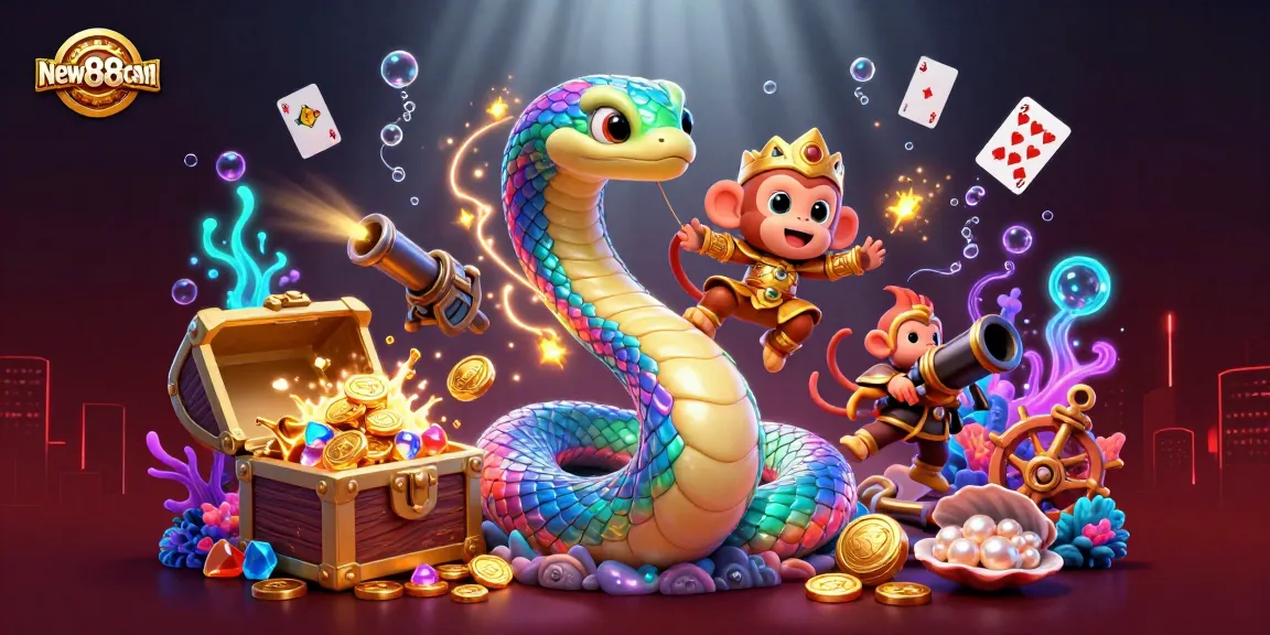 Play and win with new88cam in this vibrant 3D casino adventure scene filled with treasures.