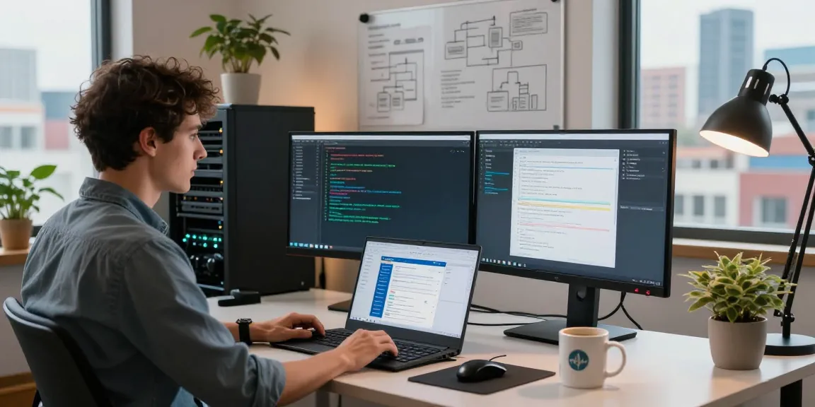 Linux administrator UK managing remote server setup in a modern workspace with dual monitors and performance metrics displayed.