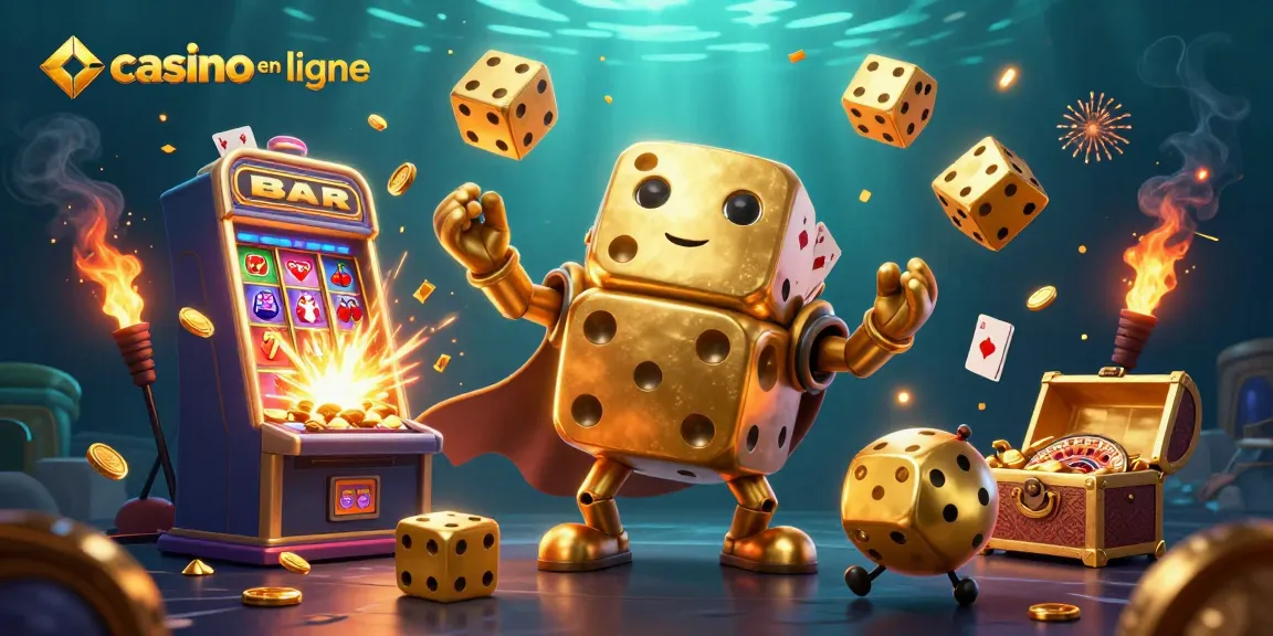 Jouez à casino en ligne avec des dés dorés et une machine à sous éclatante de lumière et de pièces.
