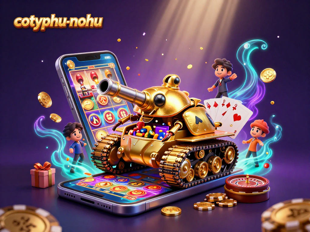Cotyphu-nohu showcases an intricate 3D casino scene with a golden beetle tank and vibrant gambling elements.