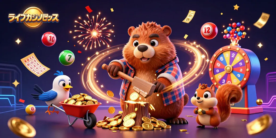 ライブカジノハウスでの勝利を祝うキャラクターたちの3Dイラスト