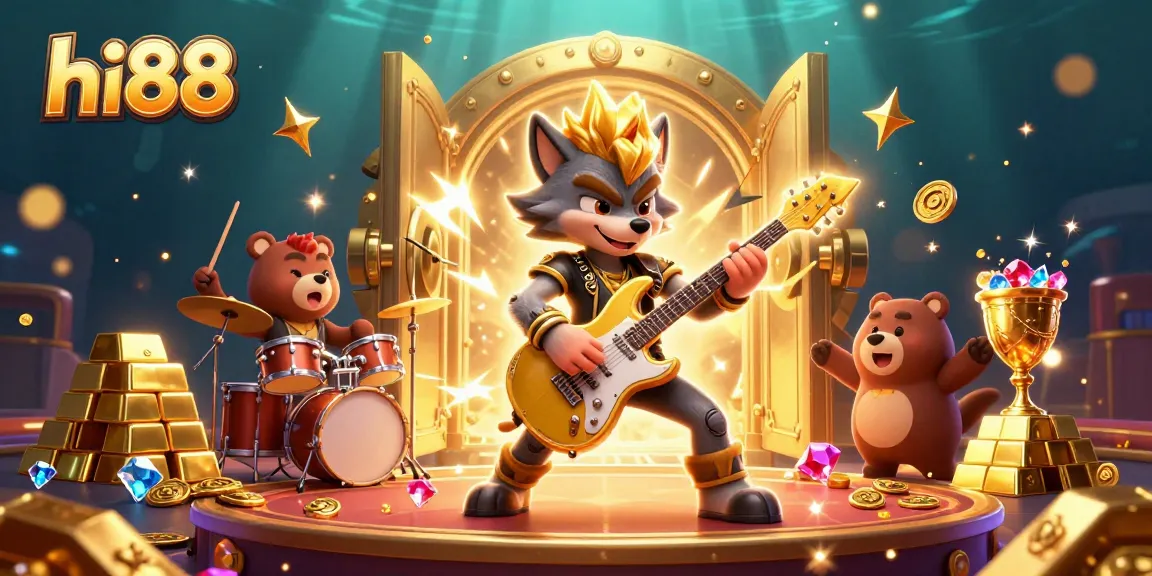Experience the excitement of hi88 casino with vibrant 3D illustration featuring a rock star wolf and drummer bear.