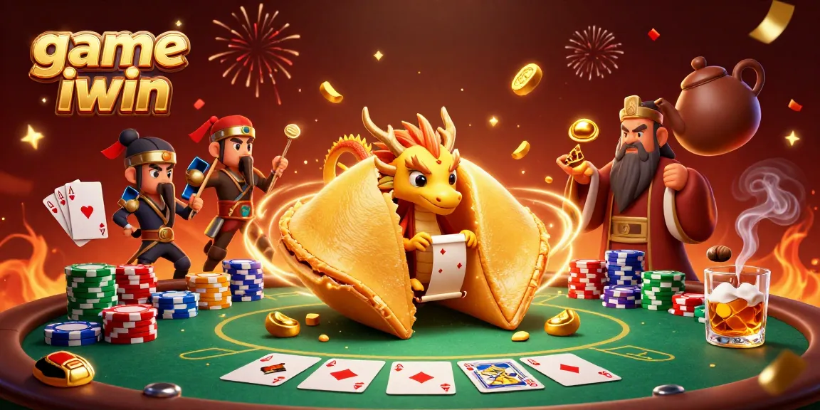 Play game iwin with a dynamic scene featuring a giant fortune cookie, wise dragon, and poker elements.