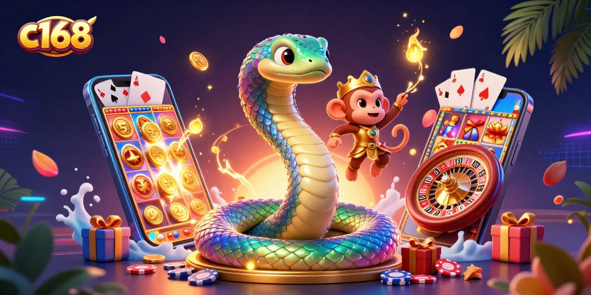 Experience vibrant c168 gaming with a dynamic scene featuring a serpent, monkey king, and exciting casino elements.