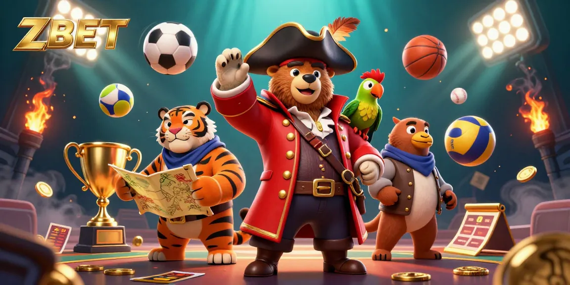 ZBET sports betting scene with pirate bear, tiger, and vibrant sports elements