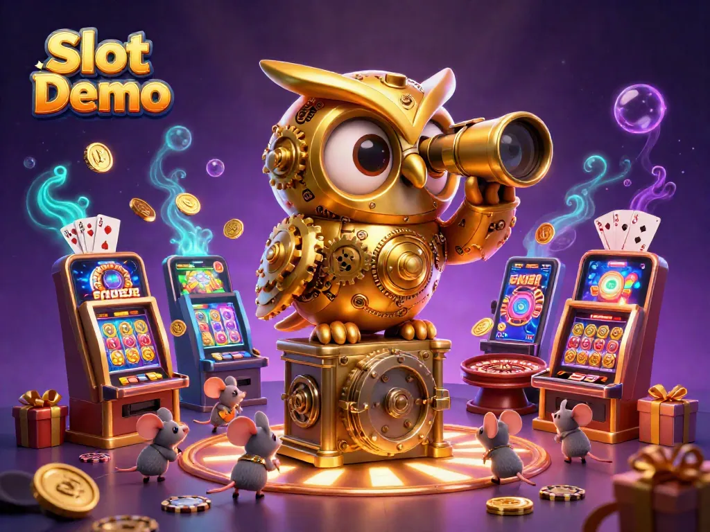 Experience exciting Slot Demo action with a golden owl and whimsical mice amidst vibrant casino elements.