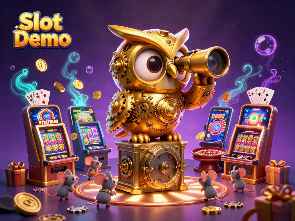 Experience exciting Slot Demo action with a golden owl and whimsical mice amidst vibrant casino elements.