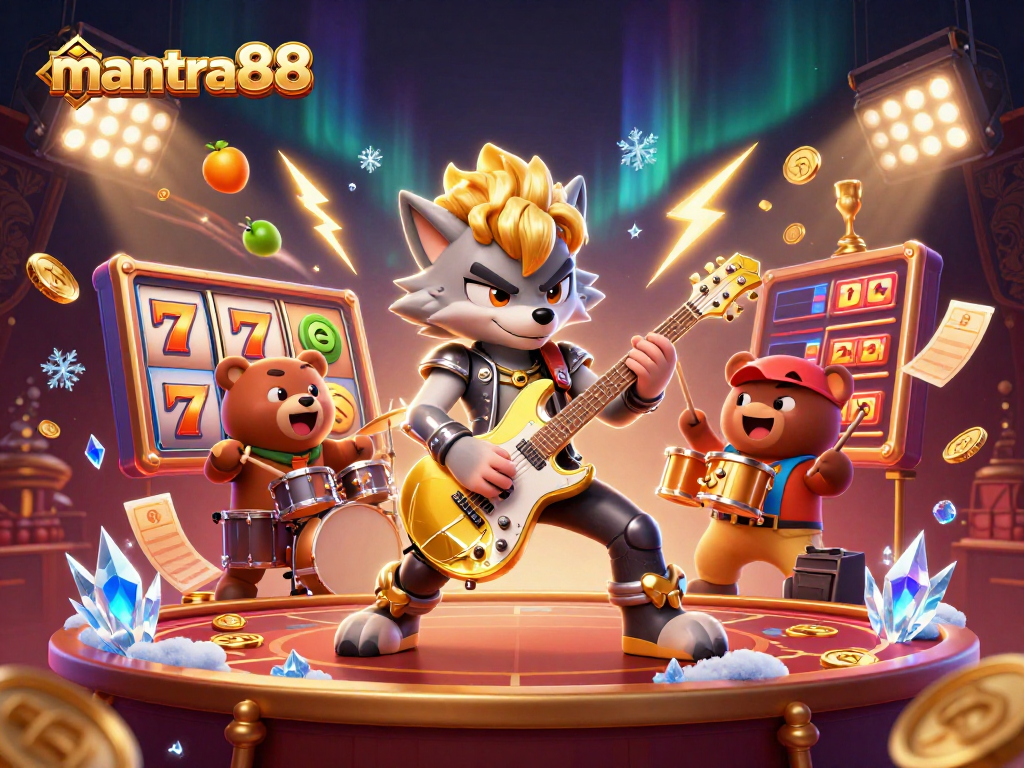 Win big with mantra88 slots in a vibrant 3D casino scene featuring a rock star wolf.