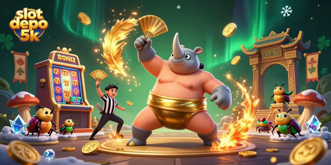 Engage with the slot depo 5k experience as a sumo beetle champion celebrates with flying coins amidst vibrant slot machine scenes.