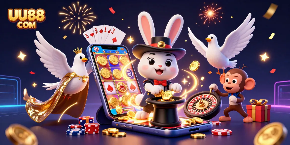 Experience the thrill of UU88 COM with magical elements and dynamic casino games in vibrant colors.