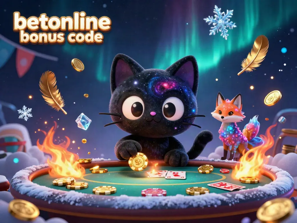 Engage with a vibrant cosmic scene showcasing the betonline bonus code featuring a black hole cat and nebula fox in a casino setting.