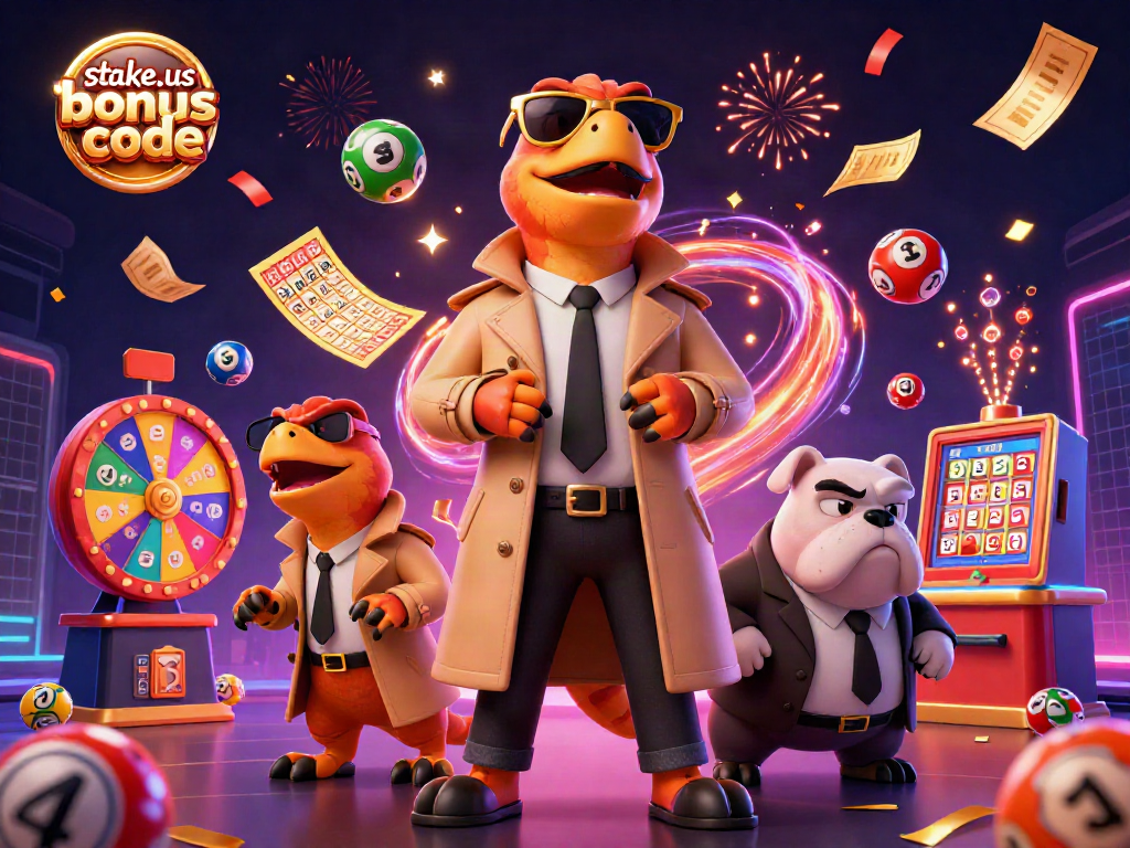 Engage with stake.us bonus code for exciting casino rewards while colorful lottery elements enhance the scene.