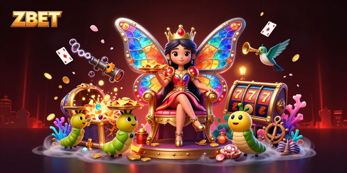 ZBET offers thrilling gameplay with a vibrant butterfly queen and lively casino elements.