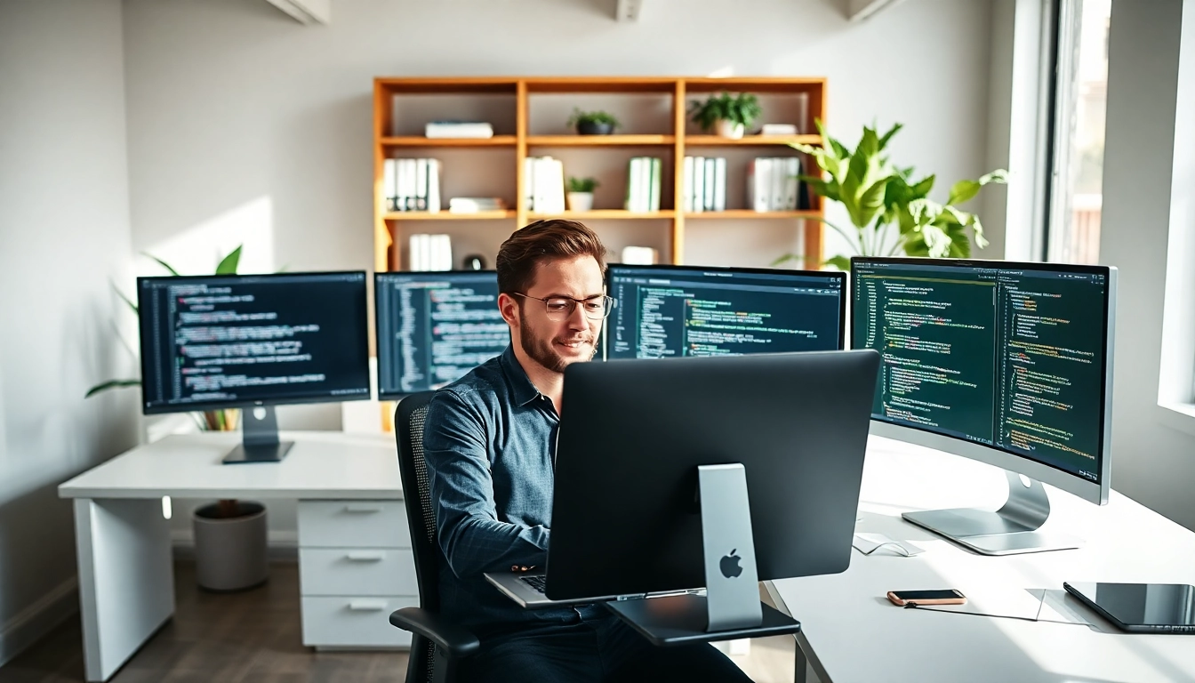 Hire Shopify developer focused on coding in a modern office with multiple screens.