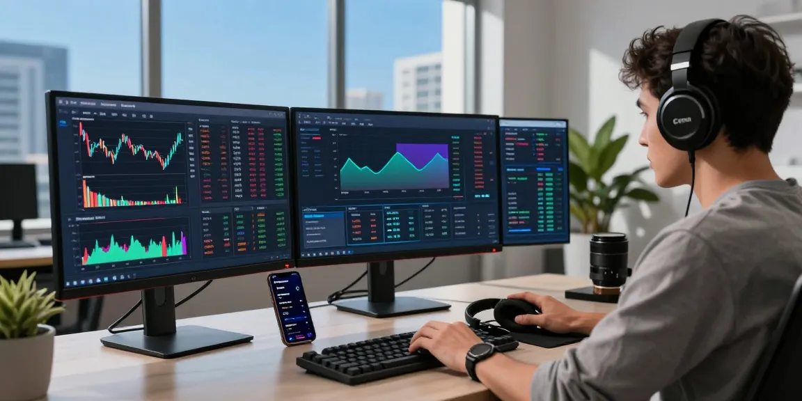 Engaged user trading on bungeeexchange in a modern workspace with multiple screens and vibrant crypto data.